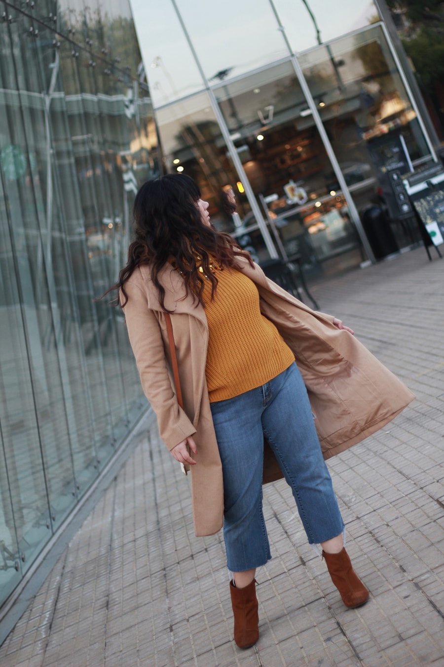 Nude long coat - mustard sweater top - camel boots - winter outfit ideas curvy plus size