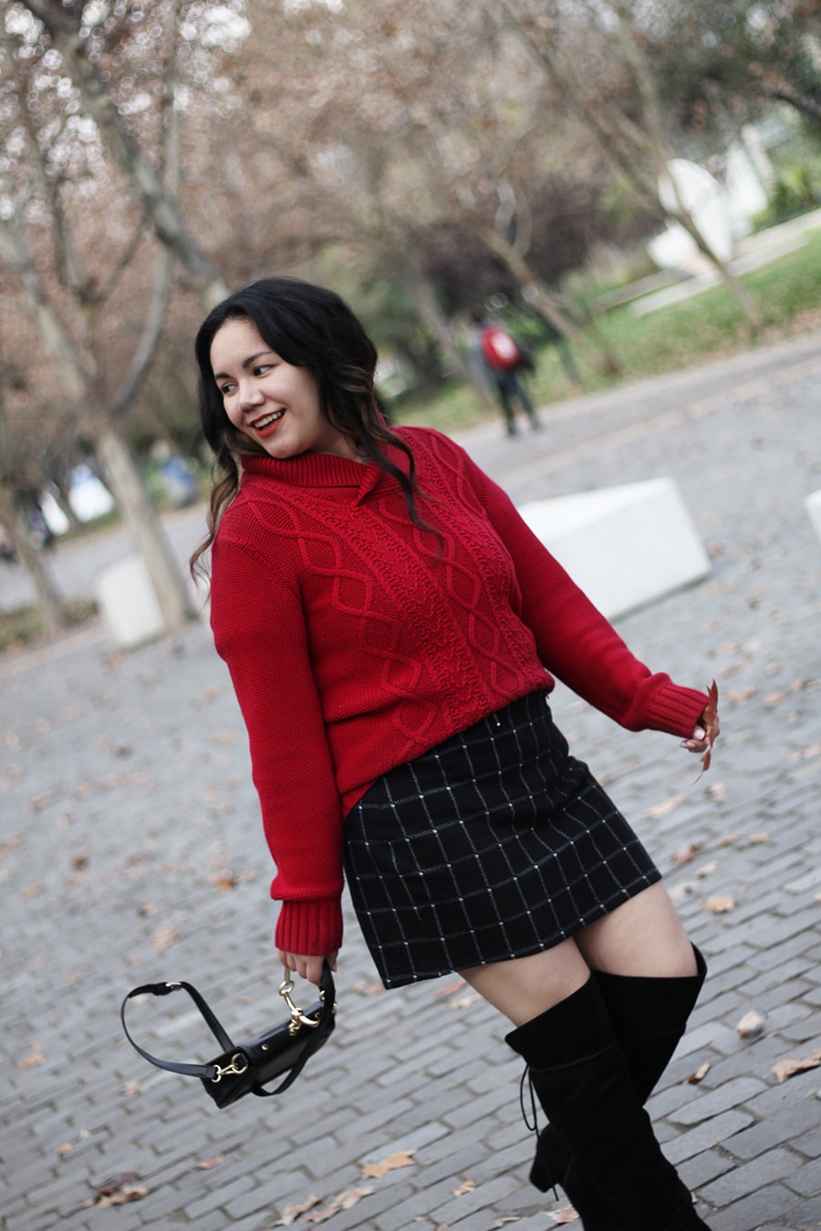 Red sweater weather - golden strokes - over the knee boots curvy fashion