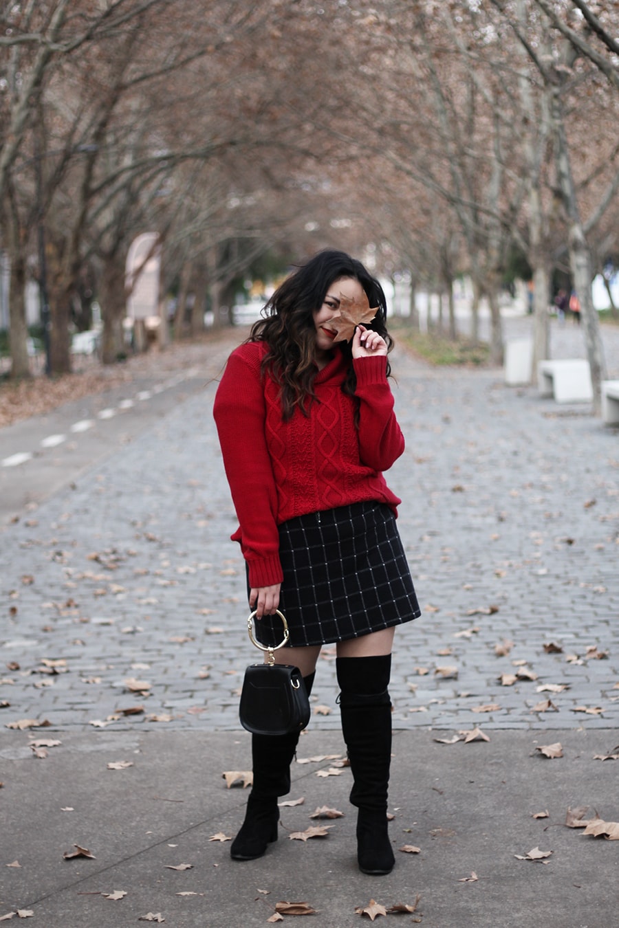Red sweater weather - golden strokes - over the knee boots curvy fashion
