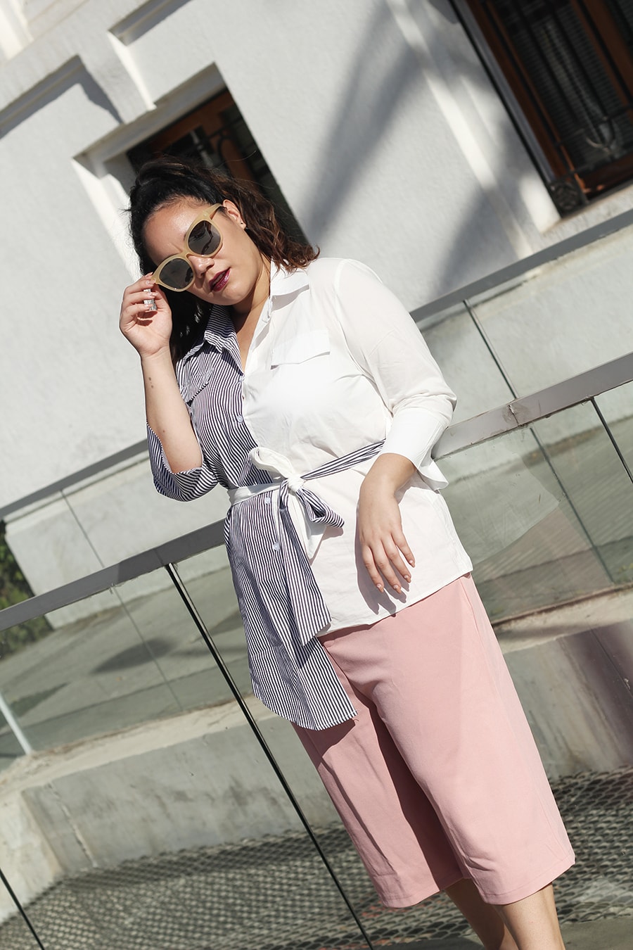 Pink culotte pants + asymmetric shirt + she in plus size outfit clothing ideas