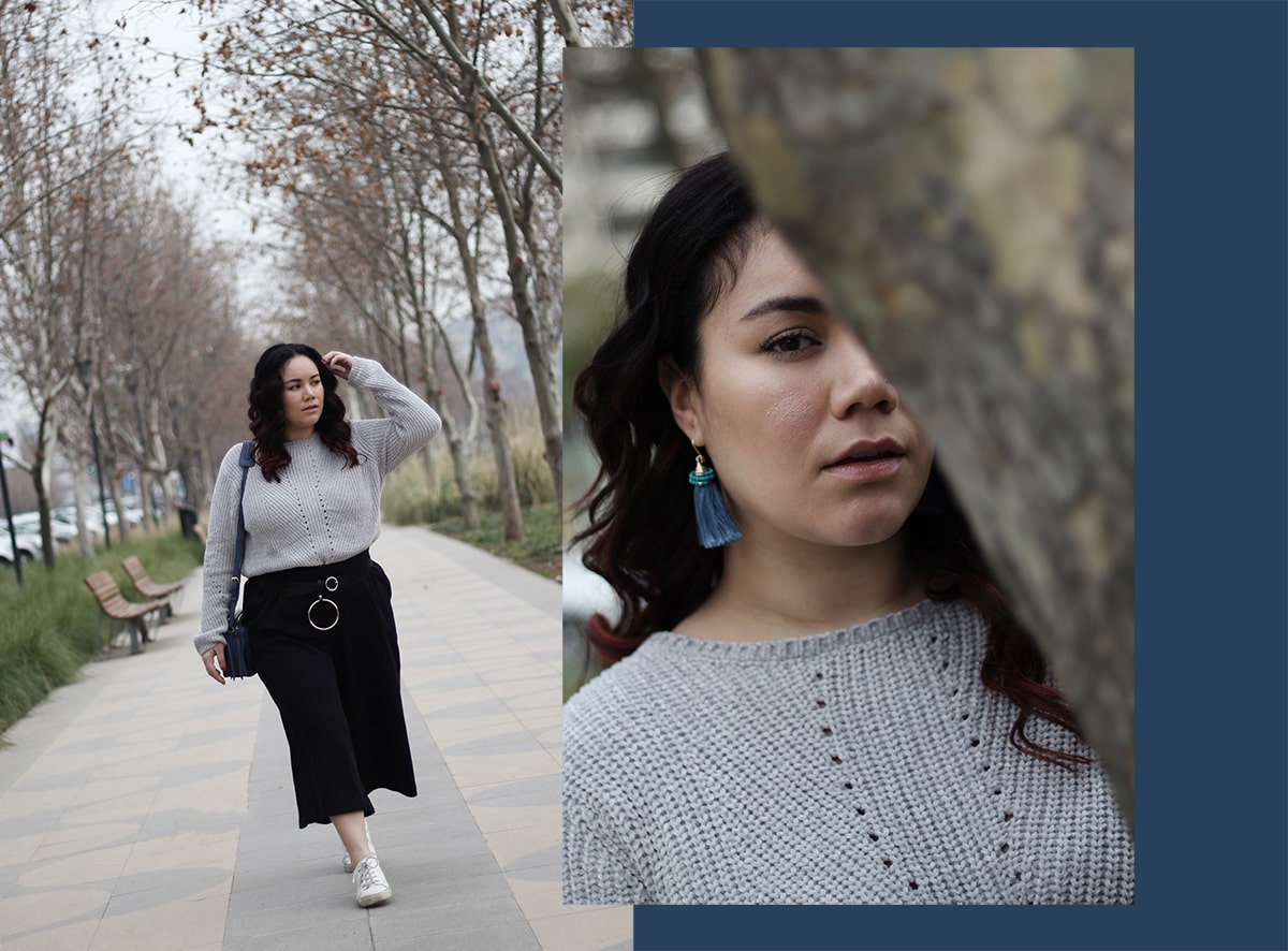 curvy mexican blogger street style culottes grey sweater blue accessories