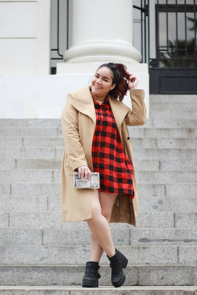 red checkered dress-she-inside-outfit-red-black-checkered-board-nude-coat-boots-clear-clutc-GOLDEN-STROKES