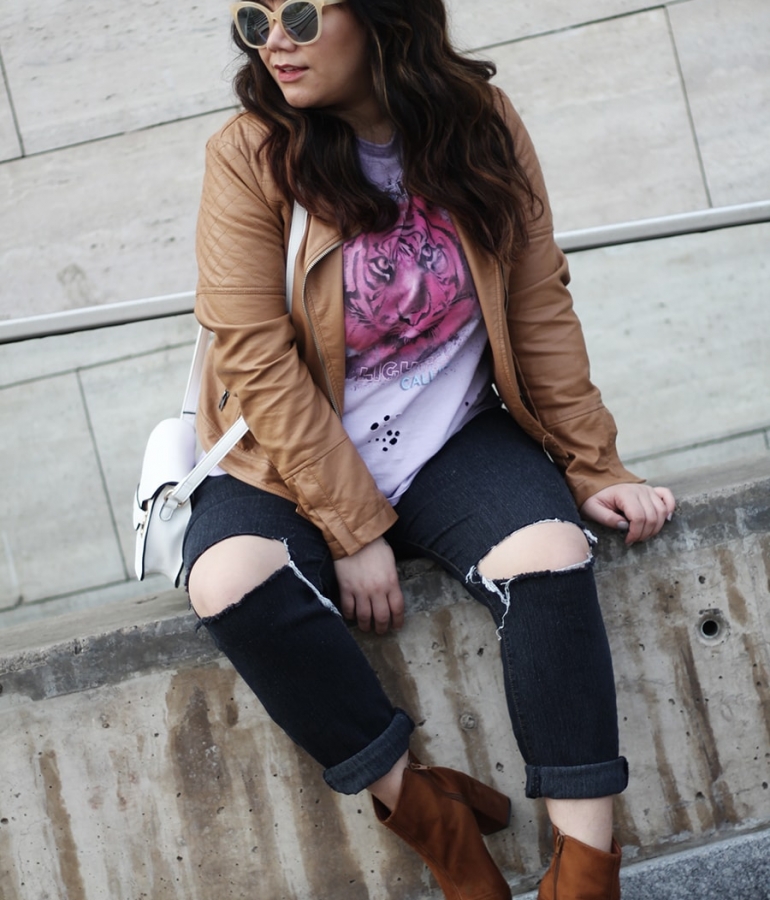A band tee with a leather jacket