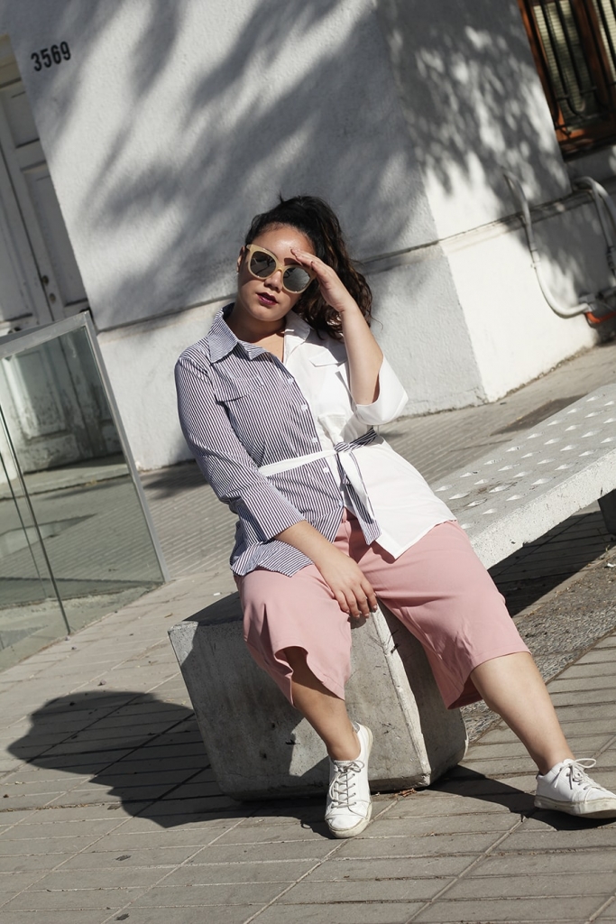 Pink culotte pants + asymmetric shirt + she in plus size outfit clothing ideas